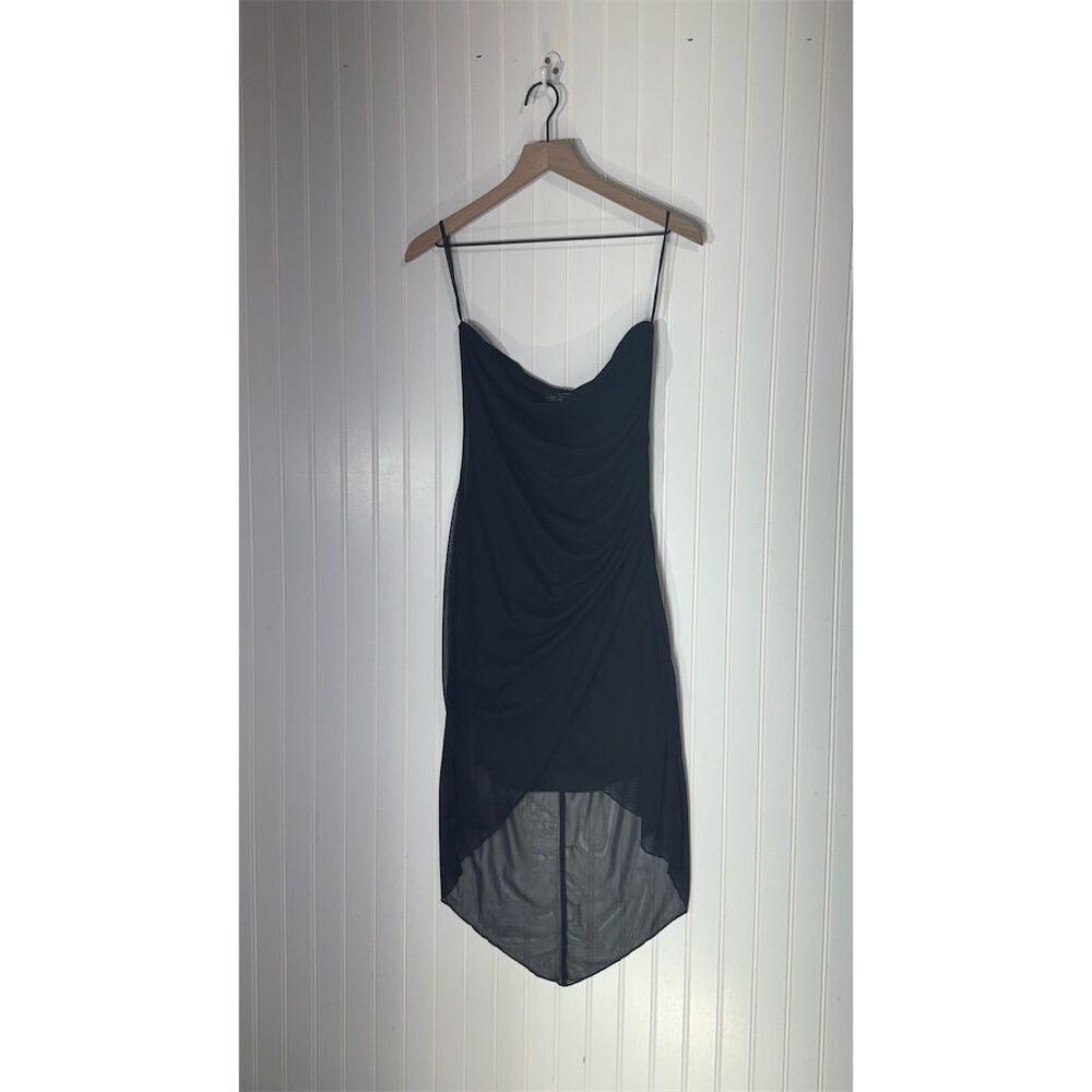 Vintage Y2K Up Front‎ Black Ruched Mesh Slip Dress High Low Hem USA Size Large